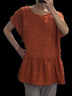 Cerule Swiss Dot Short Rufle Sleeve Women’s Orange Peplum Top, New, Large